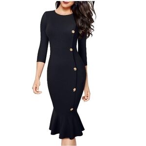Homeyee Office Siren Women's Black Gold Button-Detail Midi Mermaid Dress